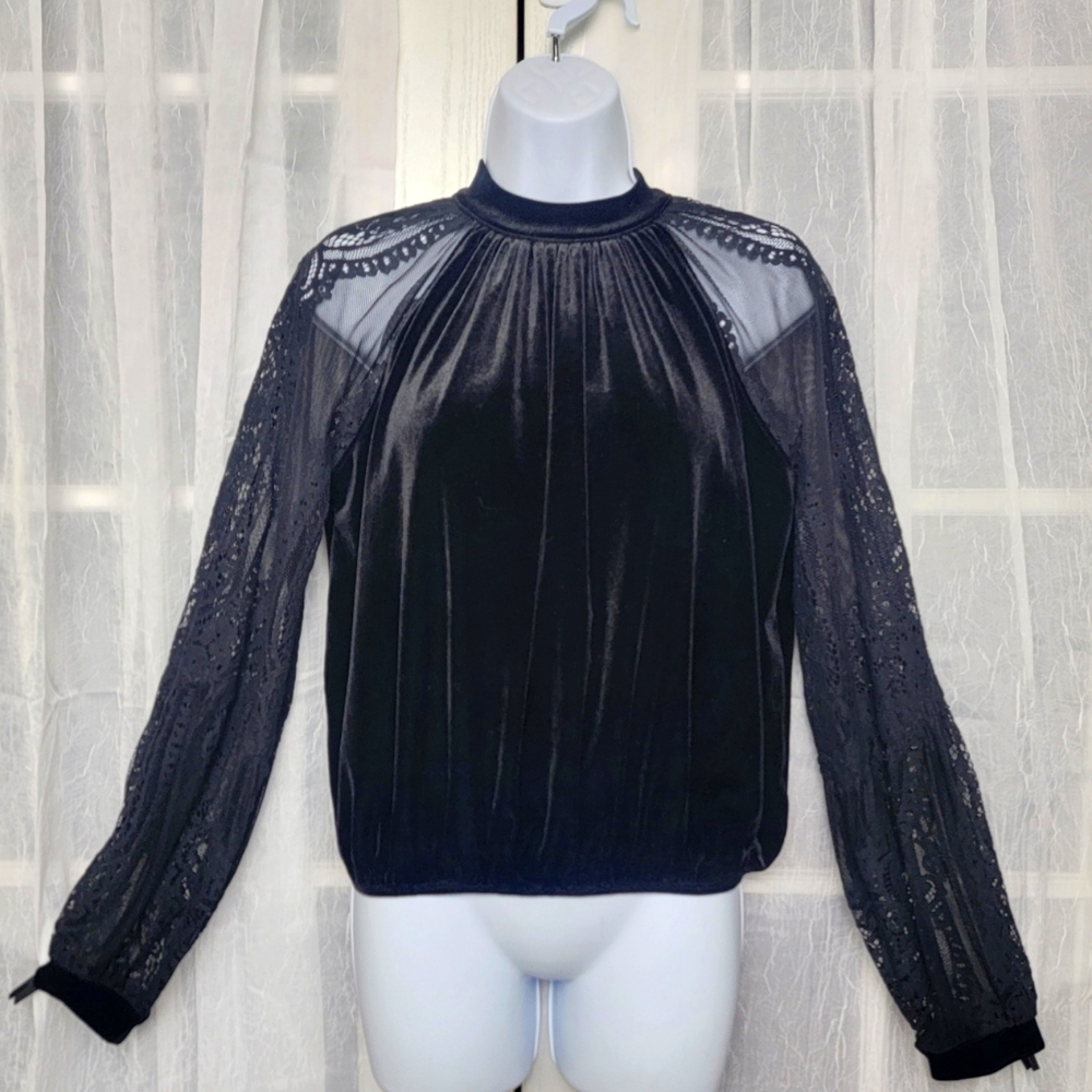 Free People Dream Team Black Velvet Top Lace Balloon Sleeves XS Romantic Boho